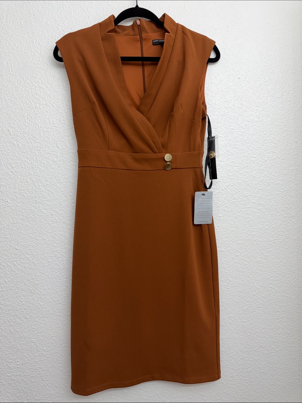 Sleeveless Maggy London Rust Wrap Sheath Dress with Gold Button Detail